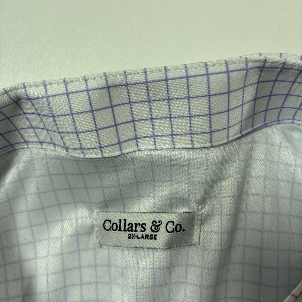 NEW Collars & Co Polo Mens 2XL White Purple Windowpane Check Performance Shirt - Picture 3 of 8